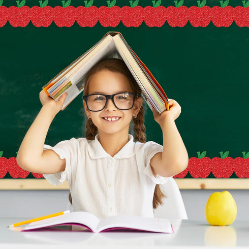 Whaline 65.6Ft Back to School Bulletin Board Border, Glitter Red Apple Die Cut Trim Roll for First Day of School