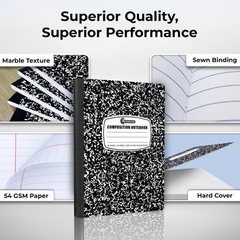 College Ruled Composition Notebooks 5 Pack, 200 Pages (100 Sheets), 9-3/4" x 7-1/2", White & Black Marble Composition Book, Hard Cover, Sturdy Sewn Binding, School, College & Office Supplies by Rosmonde