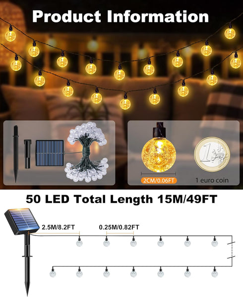 50 49 8 btfarm Solar String Lights Outdoor Waterproof, LED FT Solar Powered Patio Light, Lighting Modes Crystal Globe