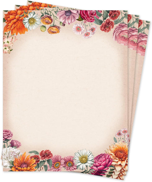 Flower Paper Stationery, Vintage Floral Letterhead Paper 8.5 x 11 Inches, 50