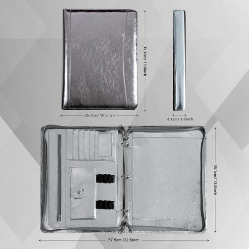 Glossy Silver Eco-Friendly Leather A4 Portfolio, Zipper, 5 Card Slots, 1 iPad and 1 Cell Phone Pockets, 3 Ring Binder