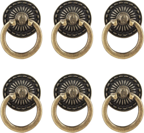6Pcs Vintage Bronze Drop Ring Knobs, Antique Drawer Pull Round Handle with Screws for Dresser Cabinet