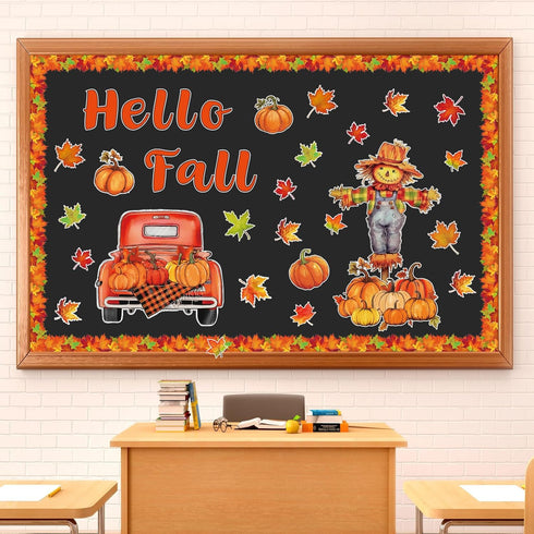 Fall Bulletin Board Decorations with Maple Leaves, Pumpkin, Scarecrow Truck Cutouts and Bulletin Boarder Stickers