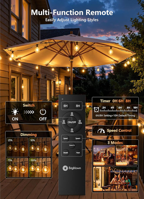 37Ft 11 G40 Bulbs, 2700K Dimmable Brightown Outdoor String Lights with Remote, Shatterproof LED Waterproof Connectable