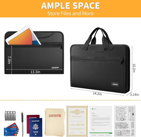 JUNDUN Accordion File Organizer with Lock, 13 Pockets, Fireproof Document Organizer with Handle & Zipper for Letter A4