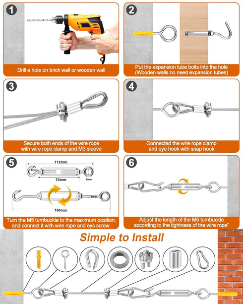 220 FT 1/8" Wire Rope Kit, 304 Stainless Steel Cable with M5 Turnbuckles, Vinyl Coated String Lights Hanging Wire for