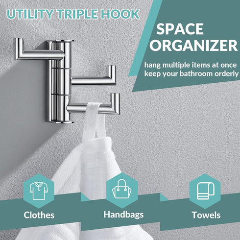 APLusee Swivel Towel Hook, Polished Chrome 304 Stainless Steel Triple Robe Hook with Multi Rotating Arms