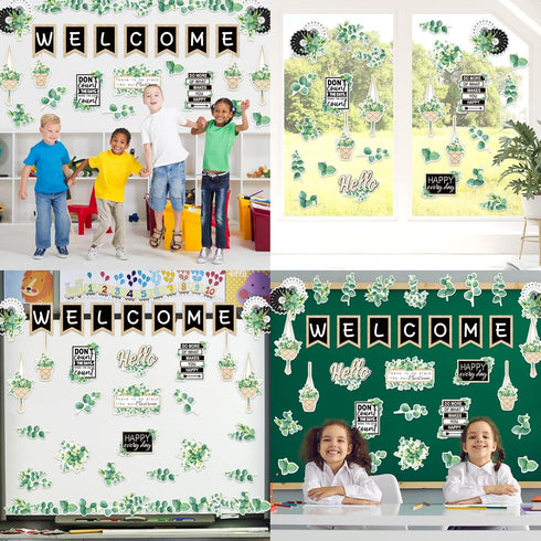 Whaline 29 Pieces Eucalyptus Bulletin Board Set, Welcome Banner and Boho Greenery Calendar Cutout Decorations for