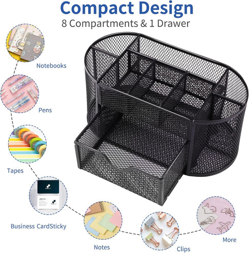 EOOUT Desk Organizer, Pencil Holder for Desk, Mesh Office Desk Accessories with 8 Compartments and 1 Drawer