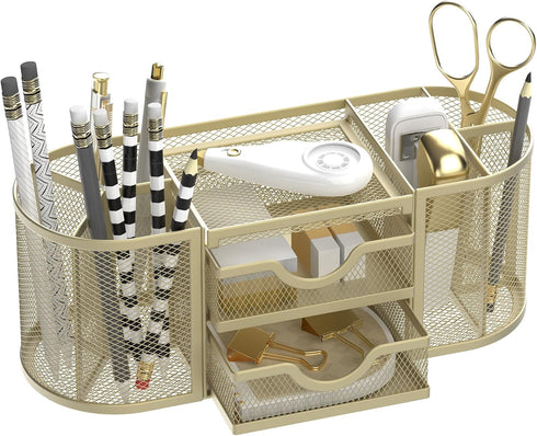 SUPEASY Mesh Desk Organizer, Desk Accessories with Pen Holder and 2 Drawers for Office Supplies - Golden Yellow