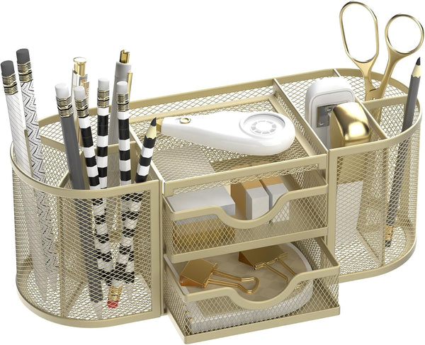 SUPEASY Mesh Desk Organizer, Desk Accessories with Pen Holder and 2 Drawers for Office Supplies - Golden Yellow