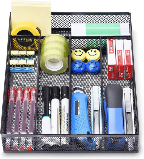 WuGeShop Office Desk Drawer Organizer, 5 Compartments Mesh Drawer Organizer Tray for Storage Art Supplies, Stationery, Black by WuGeShop