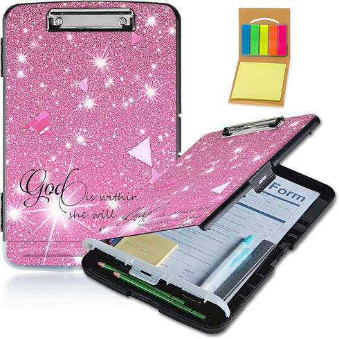 Clipboard with Storage, Heavy Duty Plastic Clipboard Case Box with Pen Holder, School Office Supplies, Pink Glitter