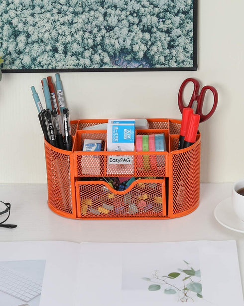 EasyPAG Desk Organizer - Multi-functional Mesh Desktop Caddy with Drawer for Office Supplies, Orange