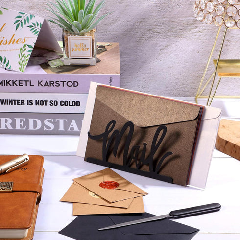 Cutout Metal Mail Holder Organizer with Letter Opener, Artistic Design for Home Office, Black Countertop Storage