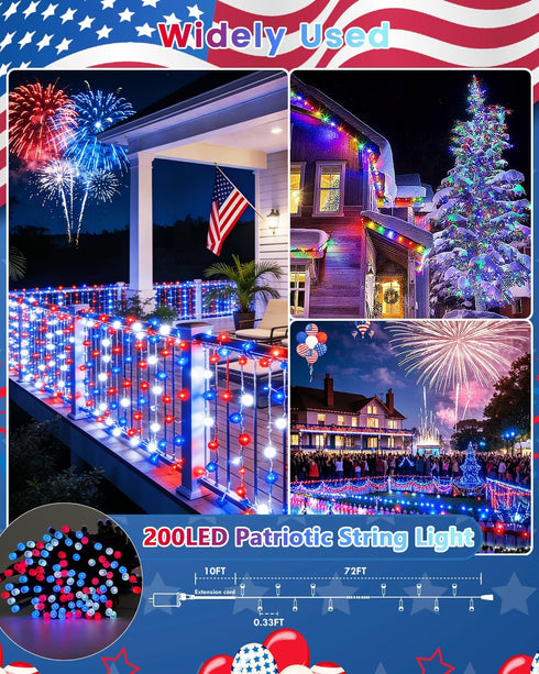 200LED 4th 82FT Smart of July String Lights | App Controlled Red White and Blue Lights, Waterproof Patriotic RGB Color