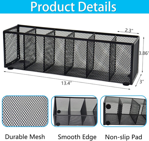 Black Mesh Pen Pencil Holder, Small Metal Desk Organizer Desktop Stationery Office Supplies Acessories Storage Stand, 6 Compartments Brushes Holder for Home School Classroom Teachers by Flytreal