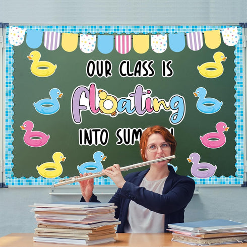 Summer Bulletin Board Decorations, Floating Into Summer Classroom Border Duck Pool Float Paper Cutouts