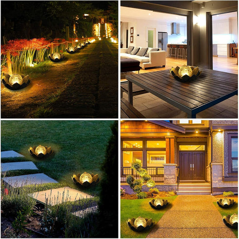 Huaxu Solar Lights Outdoor Garden, Crackle Globe Glass Lotus Decor, Waterproof LED Metal Flower Decorations