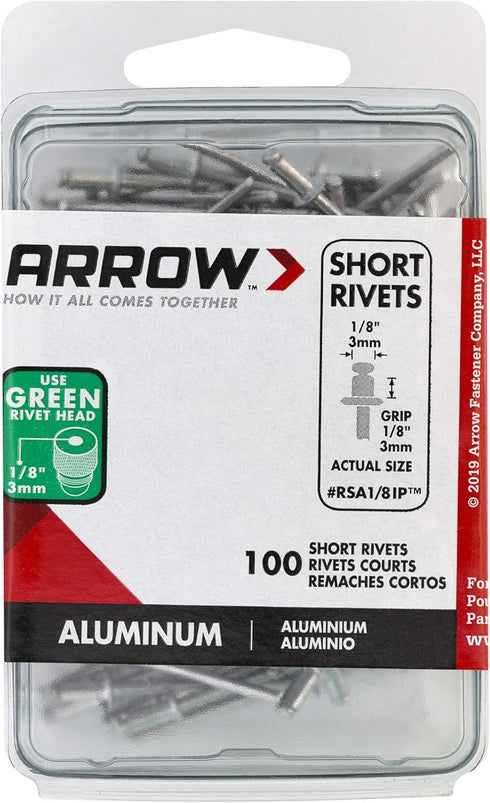Arrow RSA1/8IP Short Aluminum Pop Rivets, 1/8-Inch, 100-Pack for Metal, Fabric, Leather, Auto Repair