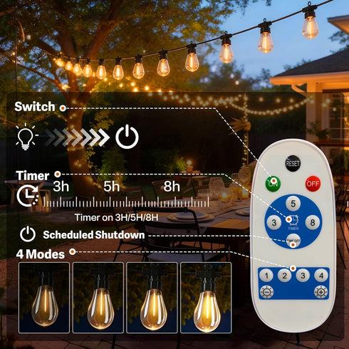 BYIZO 50FT 20 Bulbs IP65 Solar Outdoor String Lights, Waterproof Patio Lights with Solar & USB-C Dual Charging, Remote