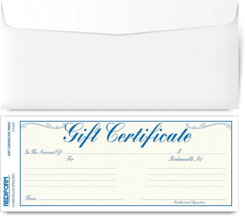 Rediform Gift Certificate Pack, 25 Duplicates with Envelopes, Blue/Gold, 3.625" x 9.5", Numbered