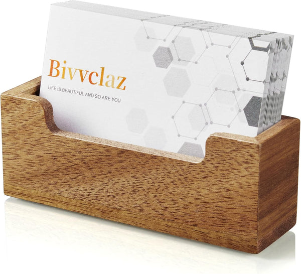 Business Card Holder for Desk, Acacia Wood Organizer for Office Home Tabletop Exhibition