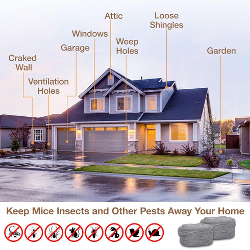 Steel Wool Mice Control - 2 Pcs 2.36"×9.84Ft for Wall Hole/Gap Filler, Keep Animals Away from Cracks and Vents