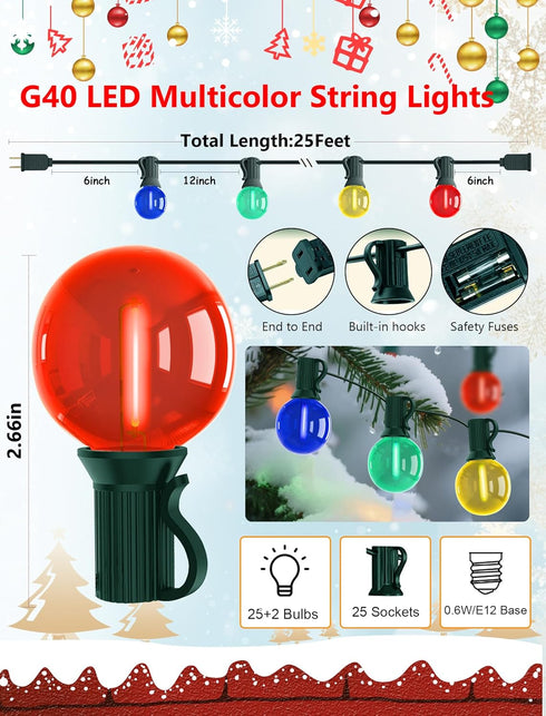G40 50Ft 27 Bulbs, LED Globe Christmas String Lights, Multicolor Christmas Decorations Lights Shatterproof with LED