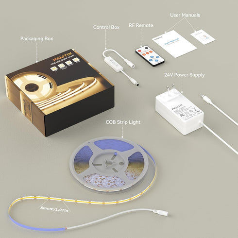 6000K 16.4ft Dimmable 24V PAUTIX COB LED Strip Light,Strip Lights with RF Remote,UL Listed Daylight White Natural White