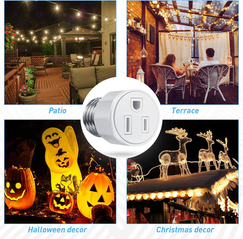 E26/E27 3 Prong Light Bulb Socket Adapter, Polarized Light Socket to Plug Converter for Patio, Garage, Porch