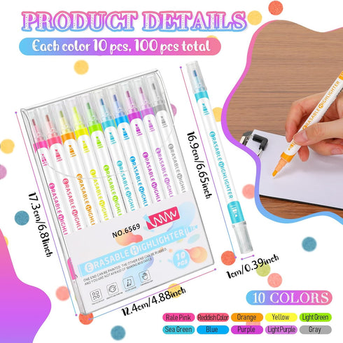 Zhehao 100 Pcs Erasable Highlighters, Double Head Smooth Writing Highlighters, Assorted Colors, No Bleeding School