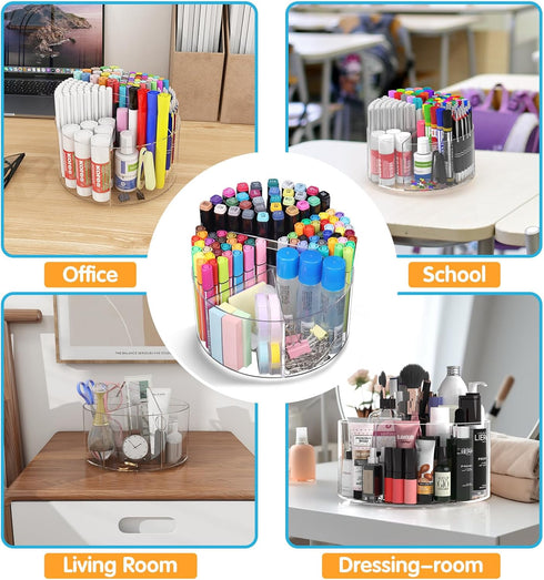 Large Acrylic Pen Holder, 360 Degree Rotating Desk Organizer with 6 Compartments, Office Marker Storage Caddy