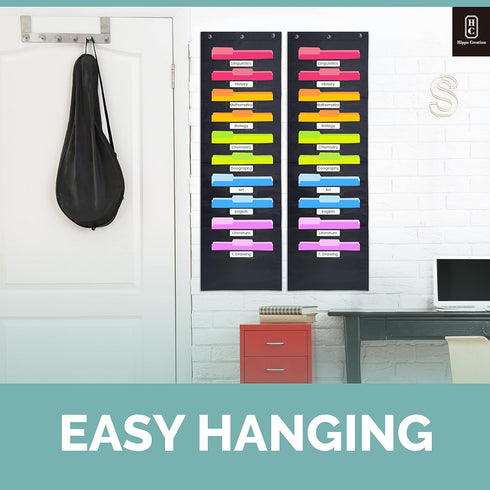 Black Pocket Chart for Classroom - Pack of 2 with 10 Pocket Storage and 6 Over Door Hangers for Organizing