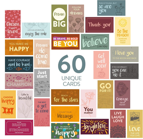 DIVERSEBEE 60 Pack Assorted Motivational Cards, Inspirational and Kindness Mini Note Cards, Gratitude Encouragement