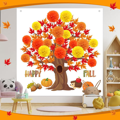 Buryeah 91 Pieces Spring 3D Big Bulletin Board Tree Decoration Set, 47'' x 46'' Tree Background with Pom Poms for Party