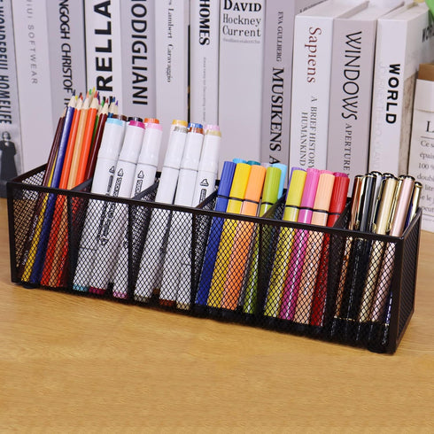 Black Mesh Pen Pencil Holder, Small Metal Desk Organizer with 6 Compartments for Office Supplies, Home, School,