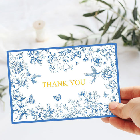 50 Pack Whaline Blue Floral Gold Foil Thank You Cards Boxed Greeting Cards with Envelopes Stickers Vintage Flower Bird