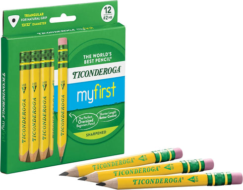 Ticonderoga My First Short Triangular Wood-Cased Pencils, 2 HB Soft with Erasers, Yellow, 12 Count
