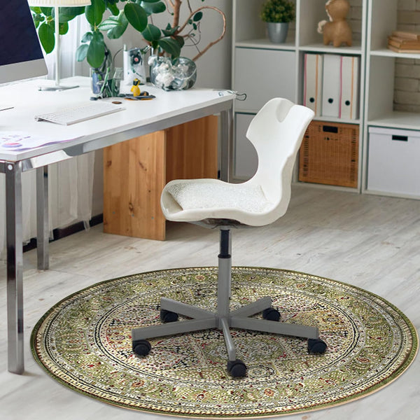 Office Chair Mat for Hardwood Floor, Vintage Bohemian Anti-Slip Low-Pile Rug, Green Round, 32x32 for Home Office