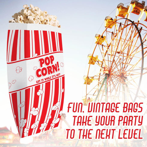 Retro Popcorn Bags 25 Pack, Grease Resistant Single Serving 1oz Paper Sleeves in Nostalgic Red/White Design