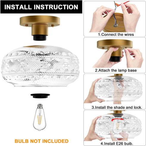 Bathroom,Bulb Industrial Semi Flush Mount Ceiling Light Fixture,Gold Globe Glass Hallway Lights Fixtures