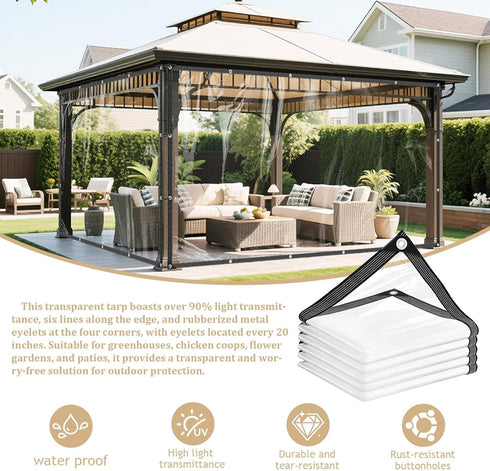 6x8ft 14Mil Grommets Tearproof Clear Vinyl Tarp Thickened Heavy Duty Clear Tarps with Reinforced Edges for Greenhouse