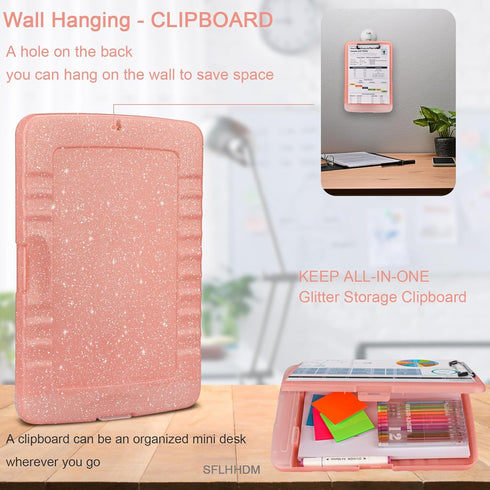 Glitter Clipboard with Storage, A4 Binder Clip Boards, 8.5x11 with Low Profile Clip, Sparkle Clipboards for Office