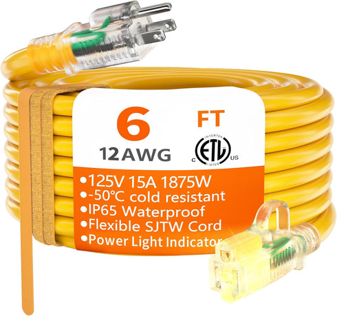 HUANCHAIN 12/3 Gauge Heavy Duty Outdoor Extension Cord, 6 ft Waterproof with Lighted End, 15Amp