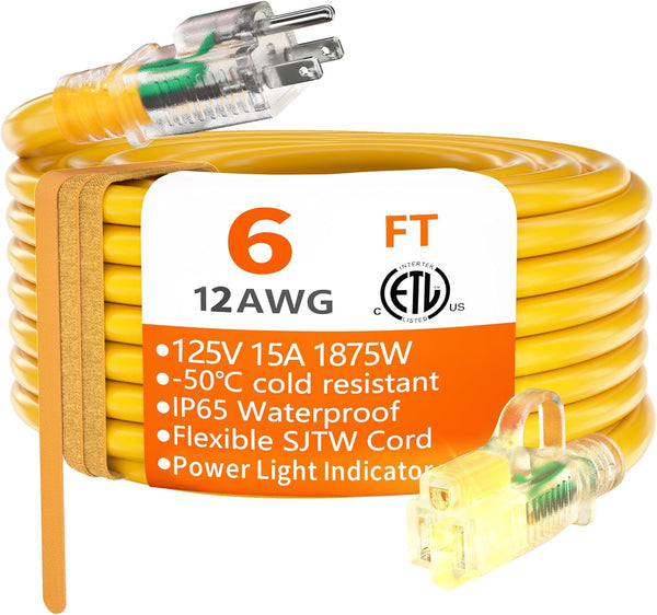 HUANCHAIN 12/3 Gauge Heavy Duty Outdoor Extension Cord, 6 ft Waterproof with Lighted End, 15Amp