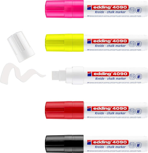 edding 4090 Chalk Marker, Multi-Coloured, 5 Chalk Pens for Chalkboards, Windows, Glass, Liquid Chalk