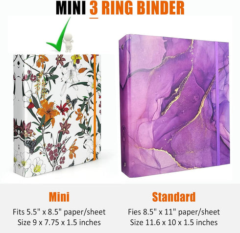 Mini 3 Ring Binder, 1 Inch, 5.5 x 8.5, Cute Flower Cover with Elastic Cord, School Binder, Recipe Binder