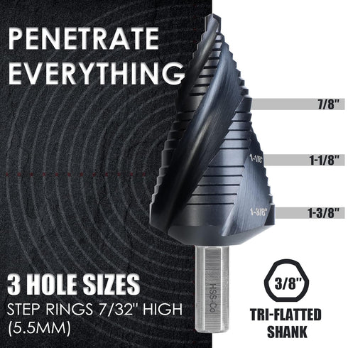 M35 Cobalt Step Drill Bit, Four Spiral Flute Unibit (1/4"-1-3/8") Wear-Resistant TiAlN Coated, 3/8" Shank for Metal,
