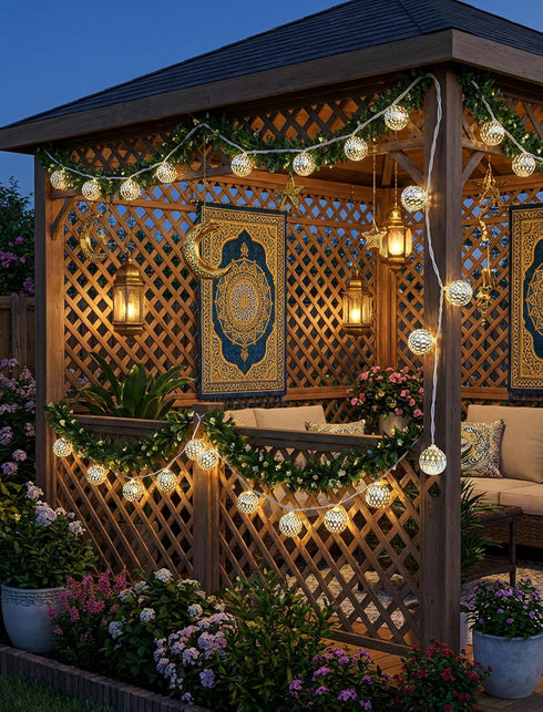 8.5Ft 10 LED Moroccan Style String Lights Plug in, Outdoor Ramadan Decorations String Lights with Silver Metal Ball